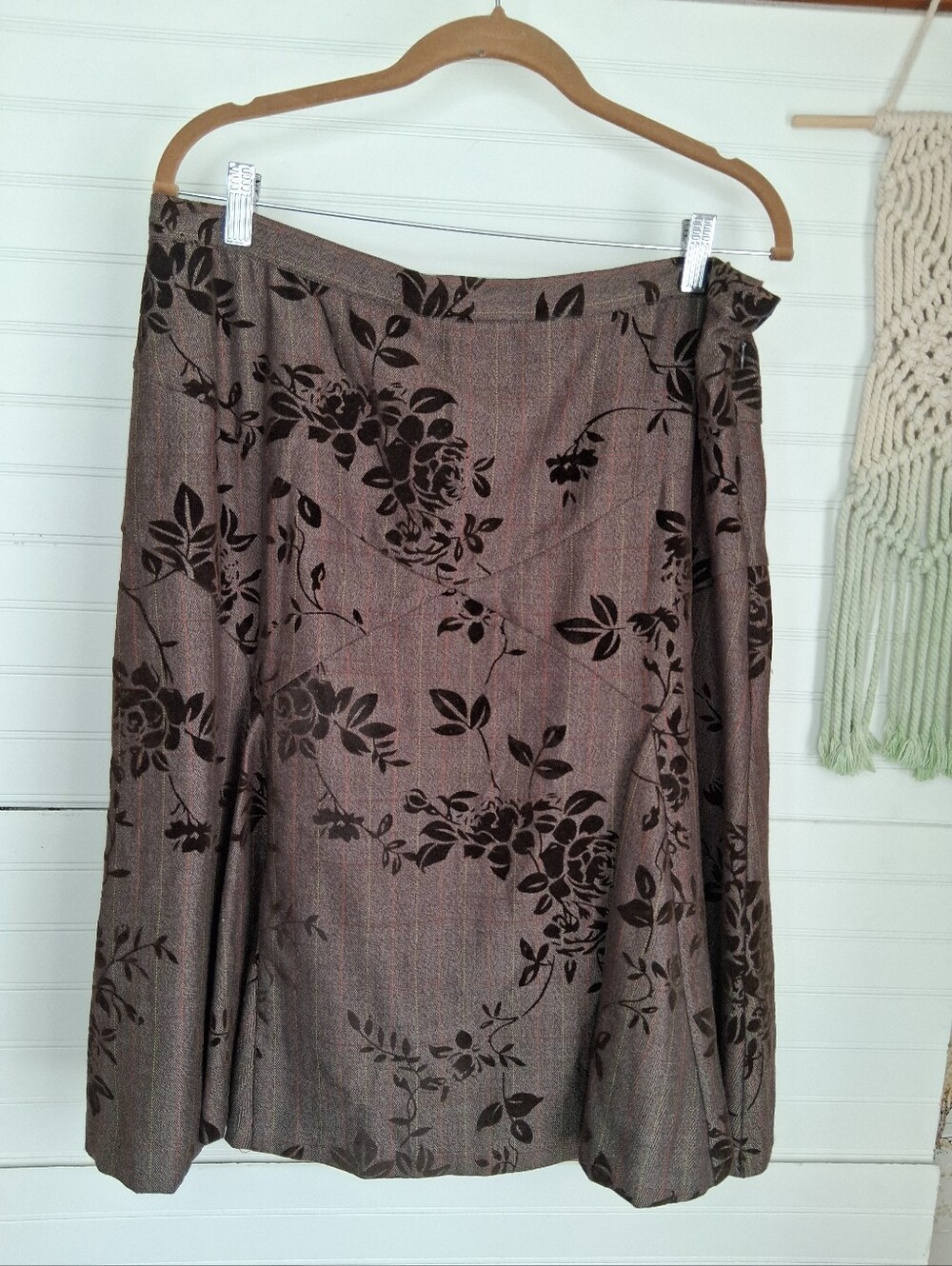 Coldwater Creek Brown Herringbone Plaid Floral Velvet-Print A-Line Skirt Sz PXL